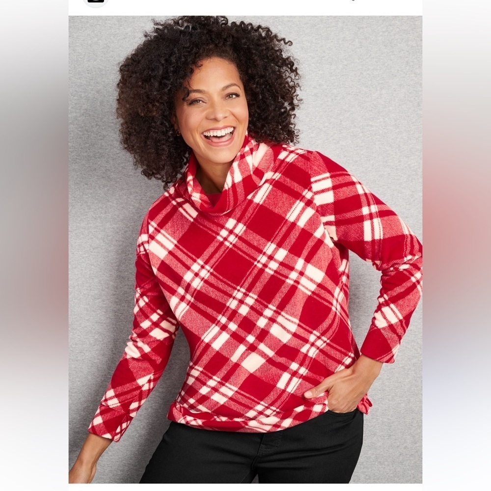 Talbots petites MICROFLEECE FUNNEL NECK PULLOVER - JINGLE PLAID size 8P